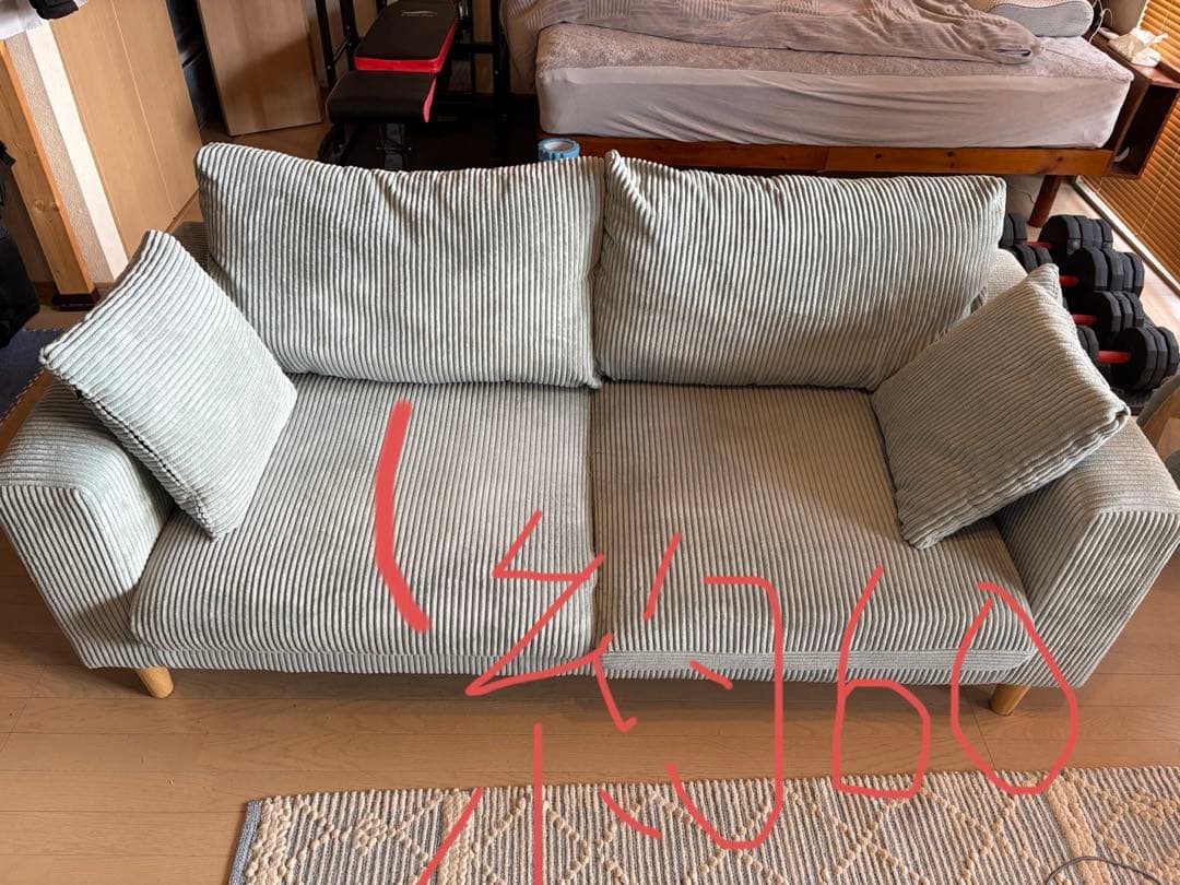 西海岸、北欧、南国、ハワイ系2人、3人掛けコーデュロイソファ希少水色　定価12万