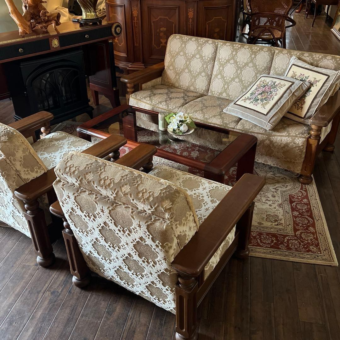 k184 オールドカリモク 金華山織りソファセット 3人掛け・1人掛け×2個