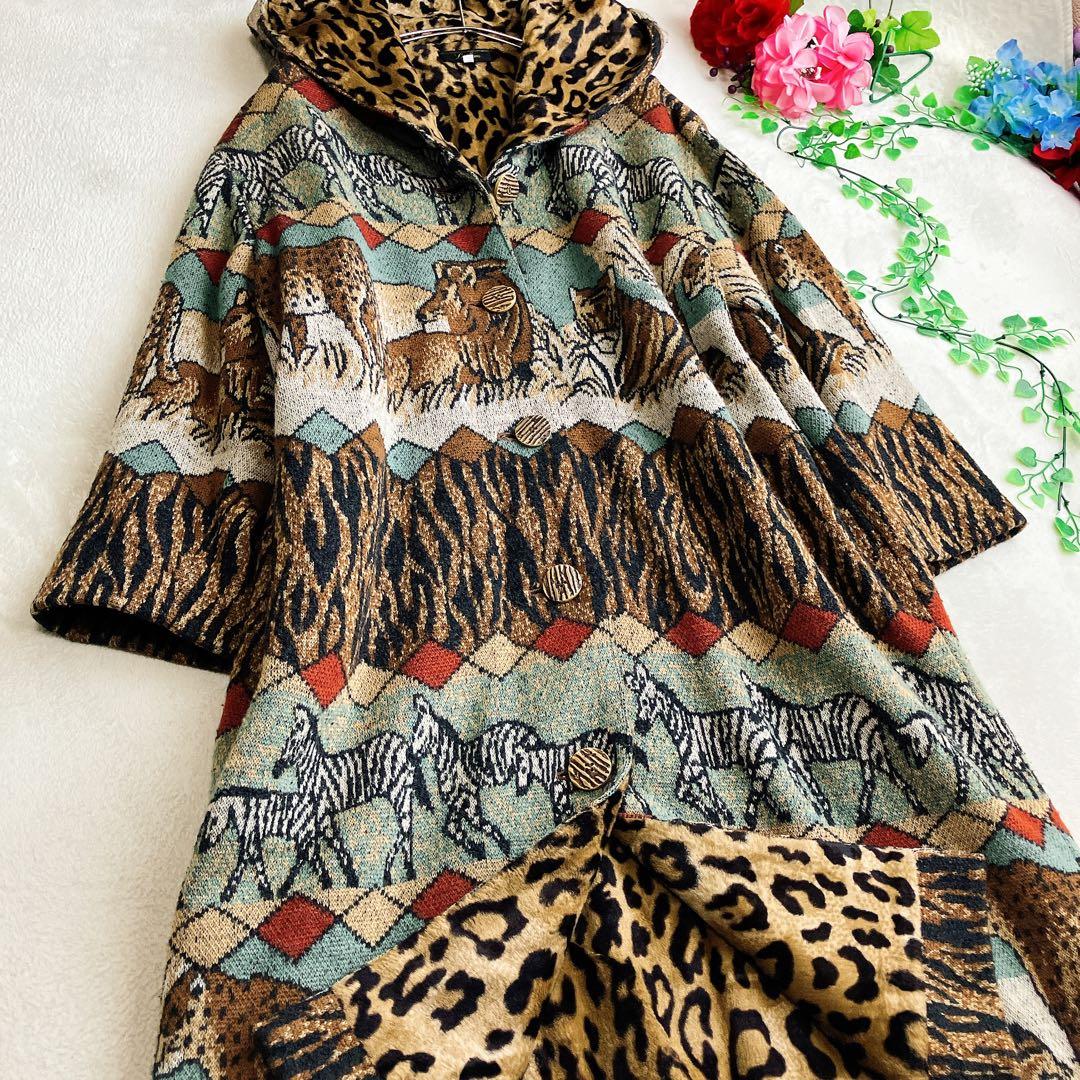 大きいサイズ/レリアン★ビッグシルエット アニマル 総柄 フーデッドロングコート