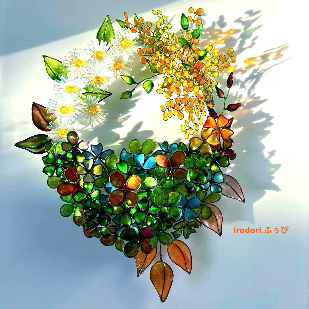 一点物　大きな春いっぱいリース　ワイヤークラフト　ディップアート　壁飾り　アート