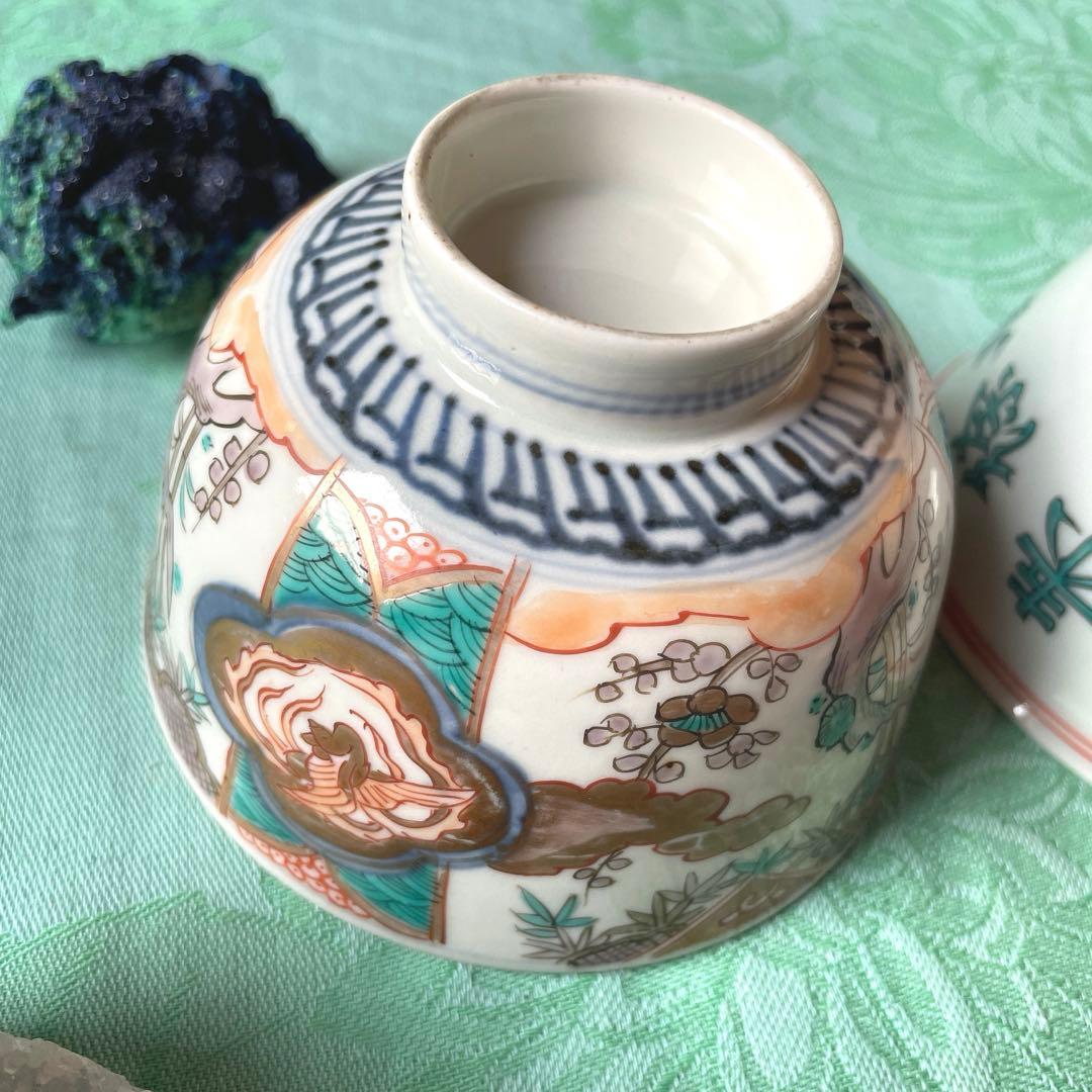 古伊万里　染付　鳳凰　龍　牡丹唐草　ご飯茶碗　4客