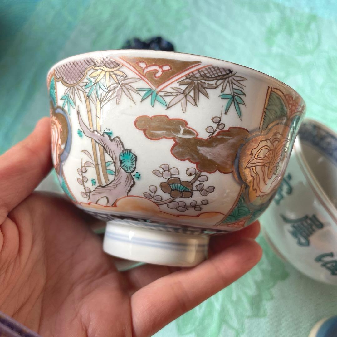 古伊万里　染付　鳳凰　龍　牡丹唐草　ご飯茶碗　4客