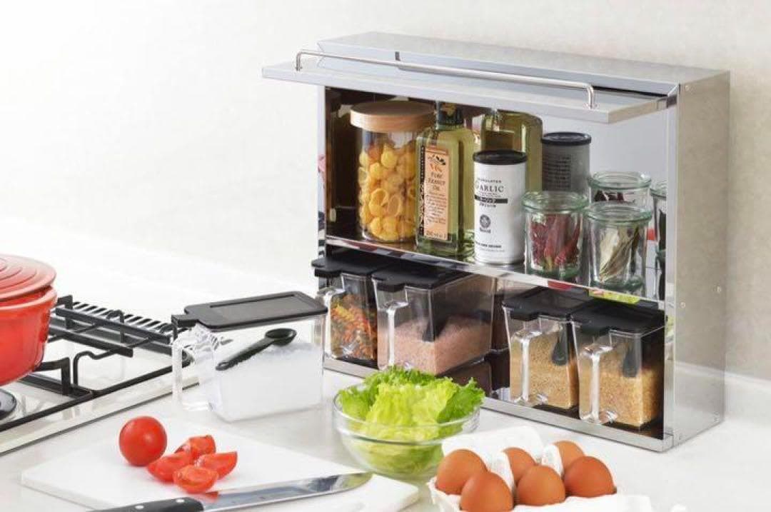 42719ステンレス フラップ扉のスパイスラック　5ポット付き