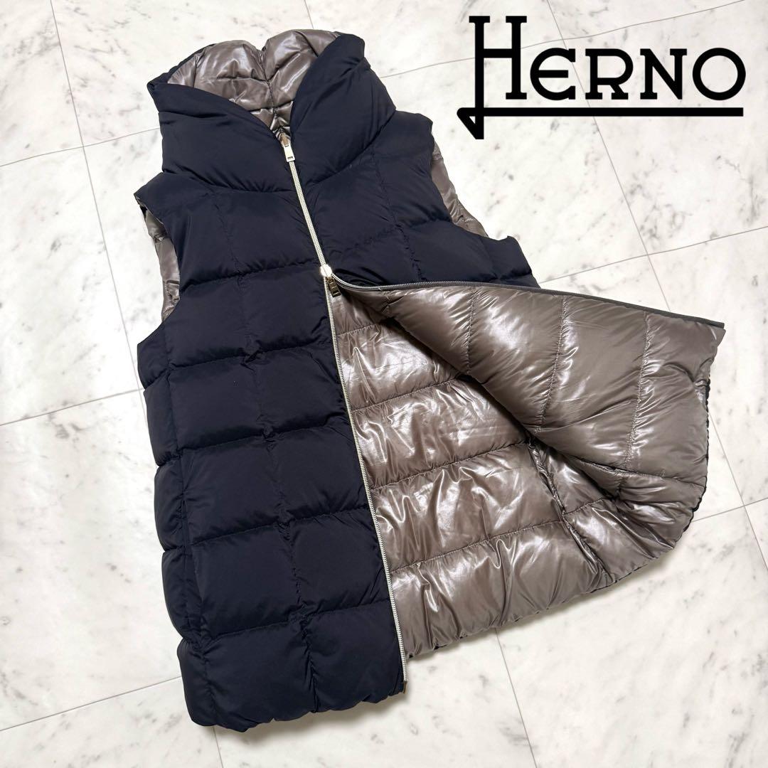 美品 HERNO ヘルノ リバーシブル ダウンベスト ブラック×グレージュ 40