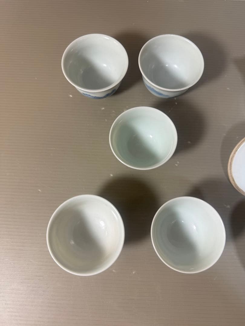 2616中国骨董　大明年製銘　染付山水茶器セット　宝瓶1客　湯冷し1客　湯呑5客