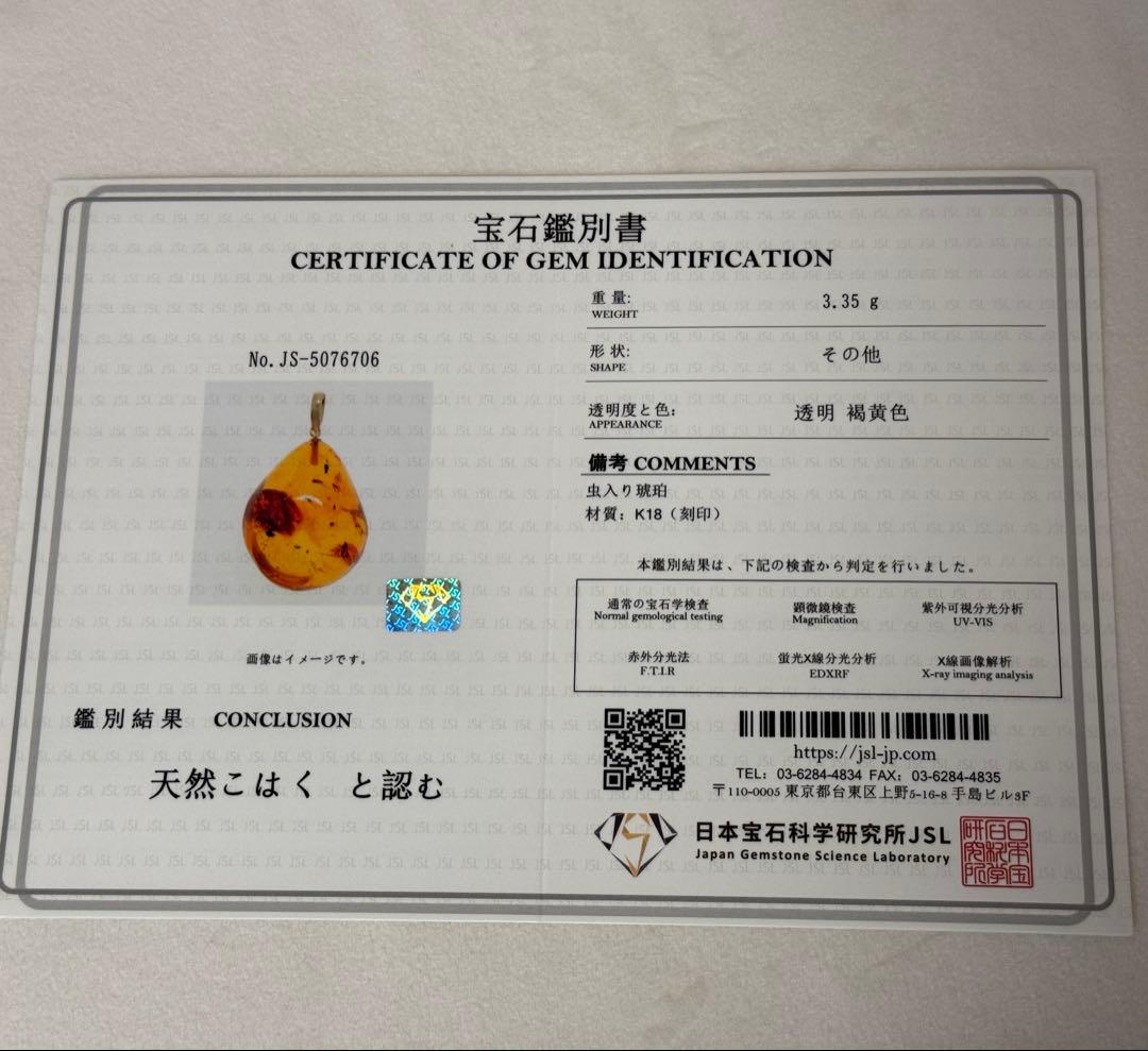 天然琥珀　虫入り琥珀　ルース　K18金　ペンダントトップ　鑑別書付