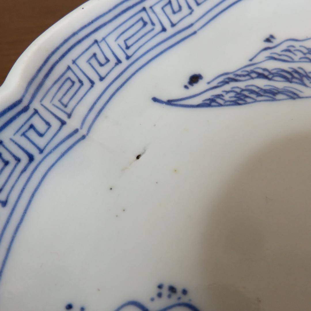 皿 5枚 中皿 染付 線描 染付 銘あり 山水 柳 家屋 古伊万里 江戸