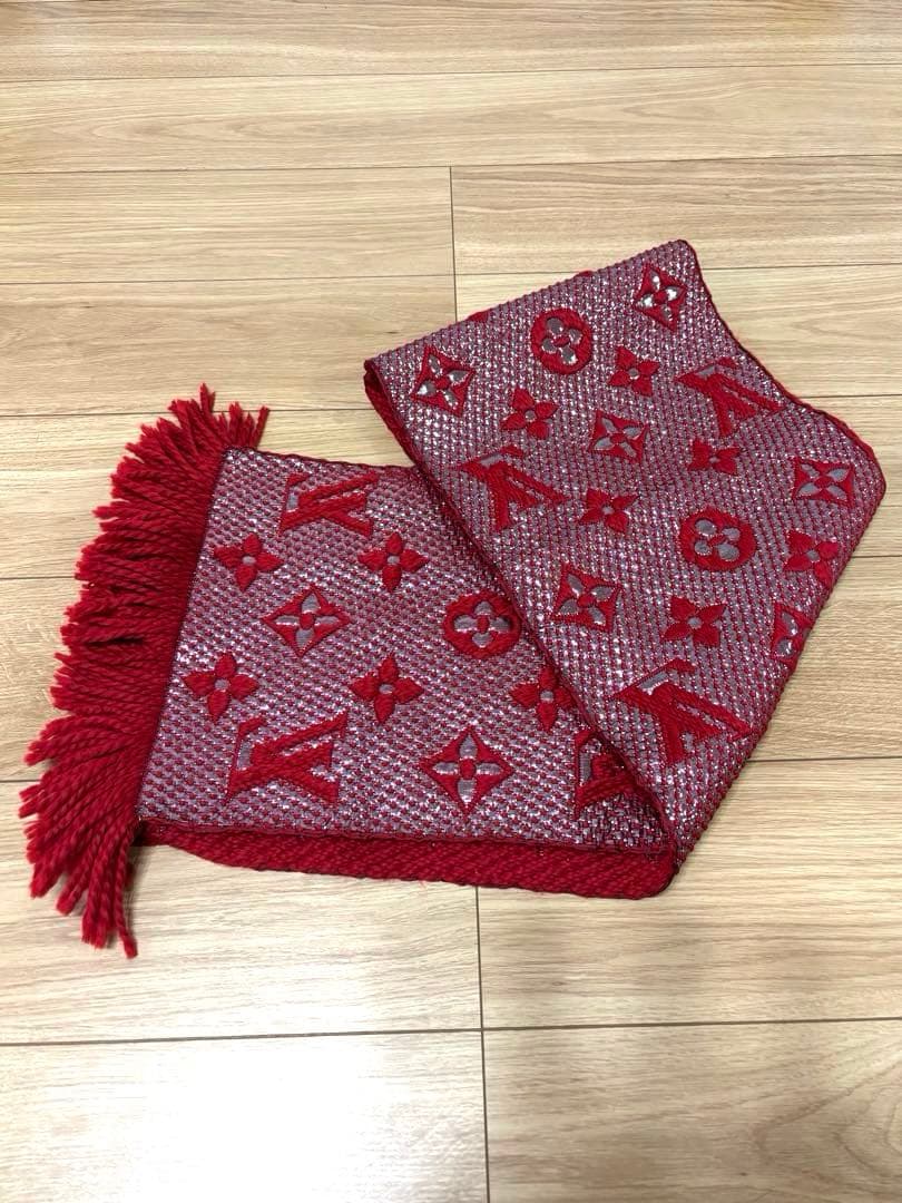 LOUIS VUITTON レッドマフラー ルイビィトン フリンジ ロゴ