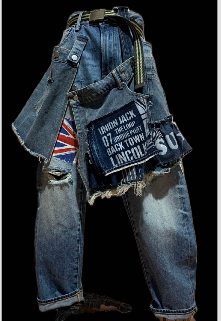 デニムリメイク★ふりふり重ね履きシルエットパンツ