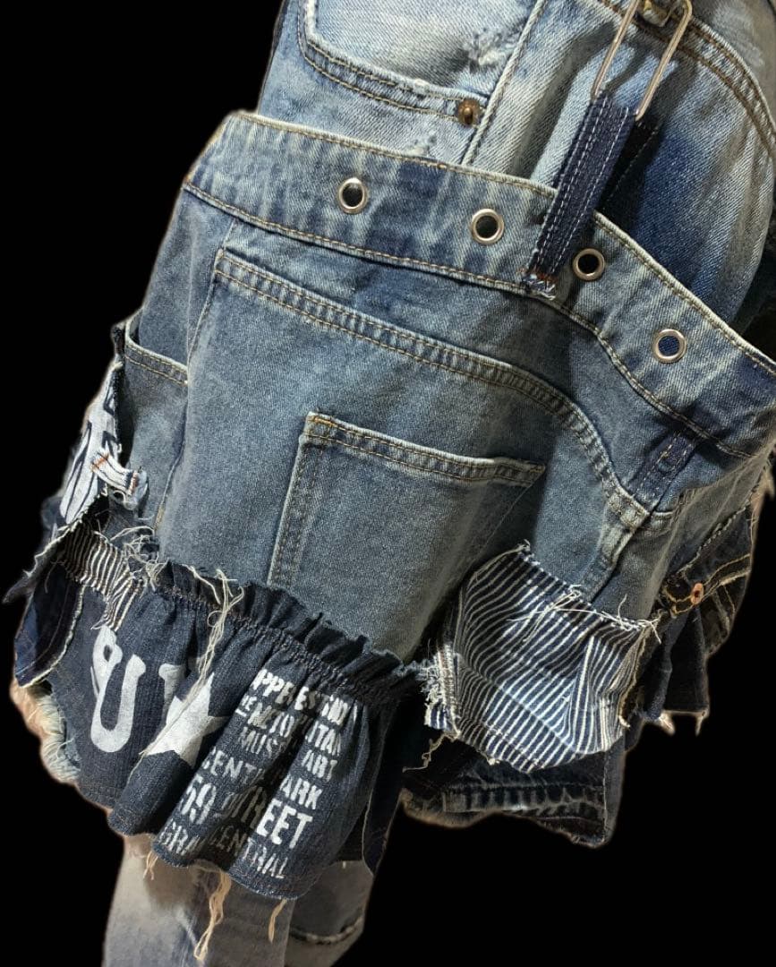 デニムリメイク★ふりふり重ね履きシルエットパンツ