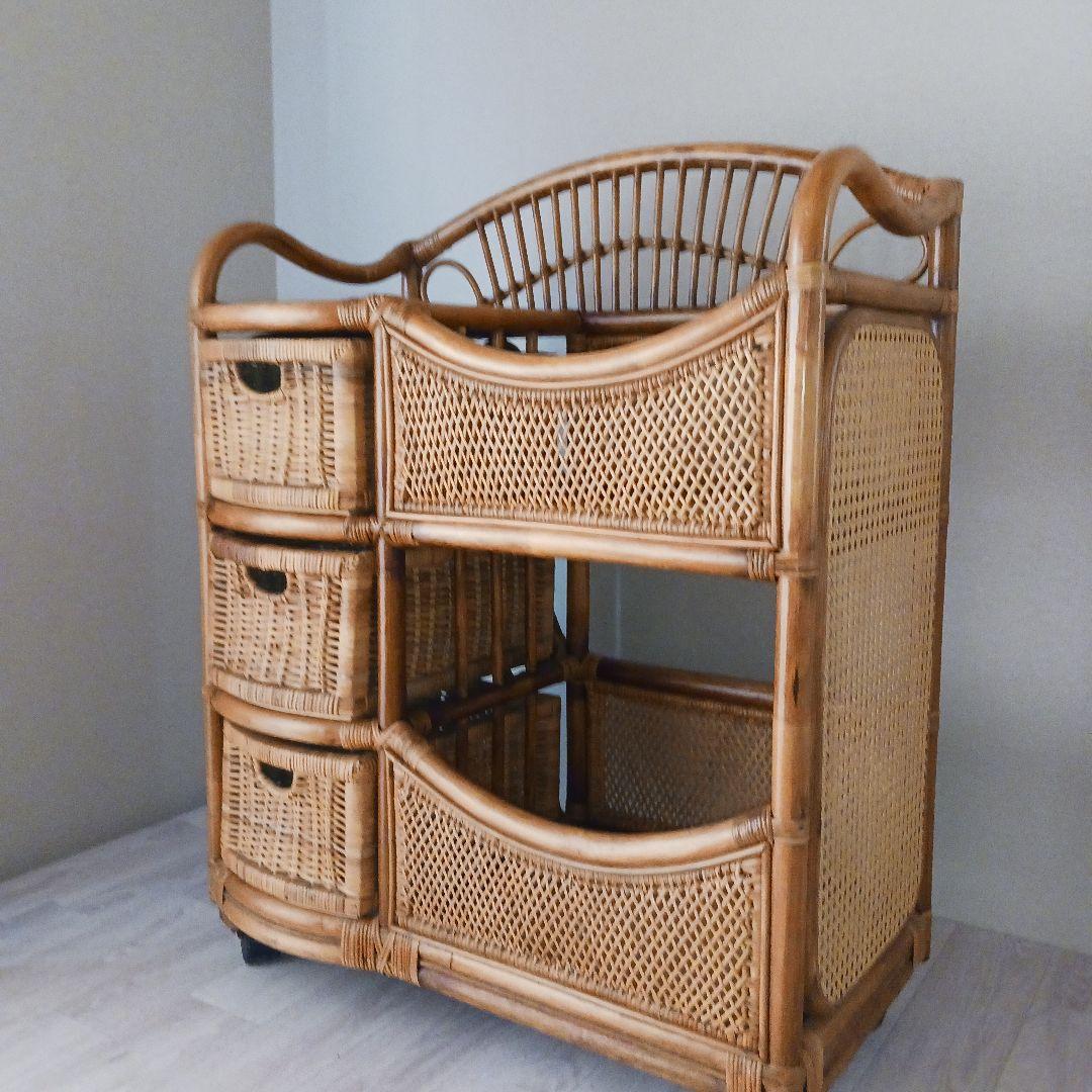 ラタン製 3段引き出しチェスト　オープンシェルフ　キャスター付き