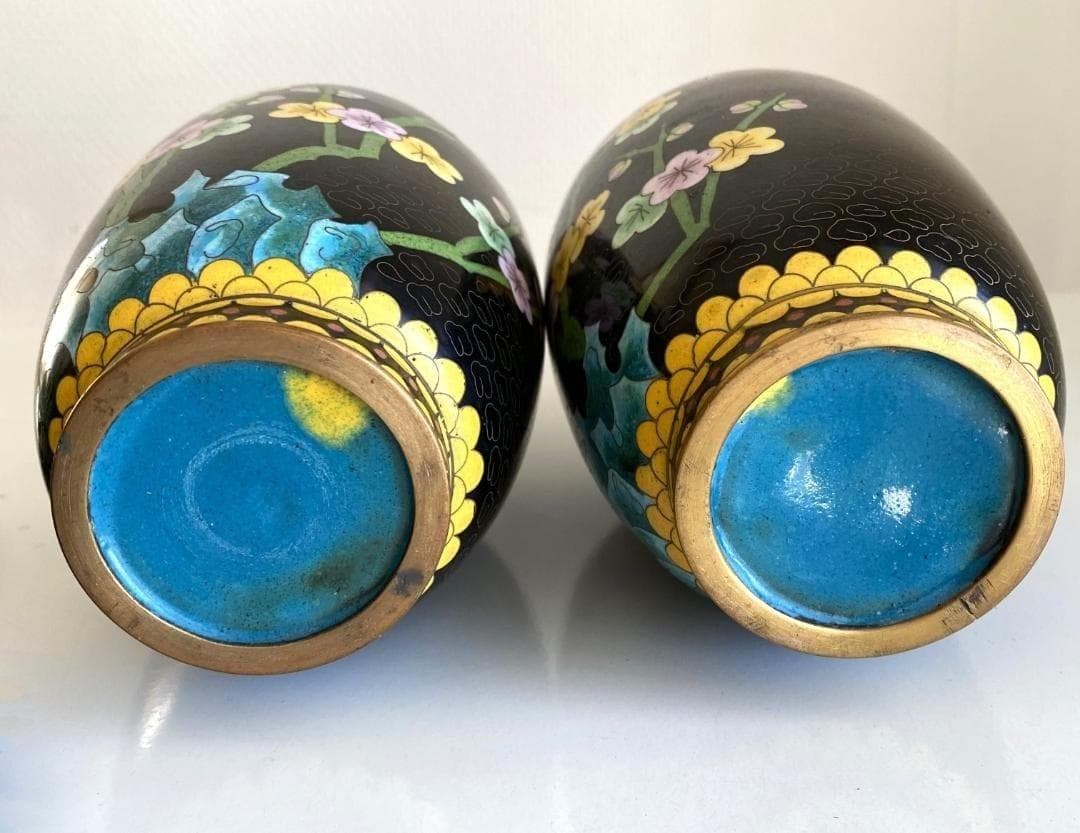 Vintage 花瓶 七宝焼 景泰藍 骨董品 花器 陶器 ２個セット 台座付き