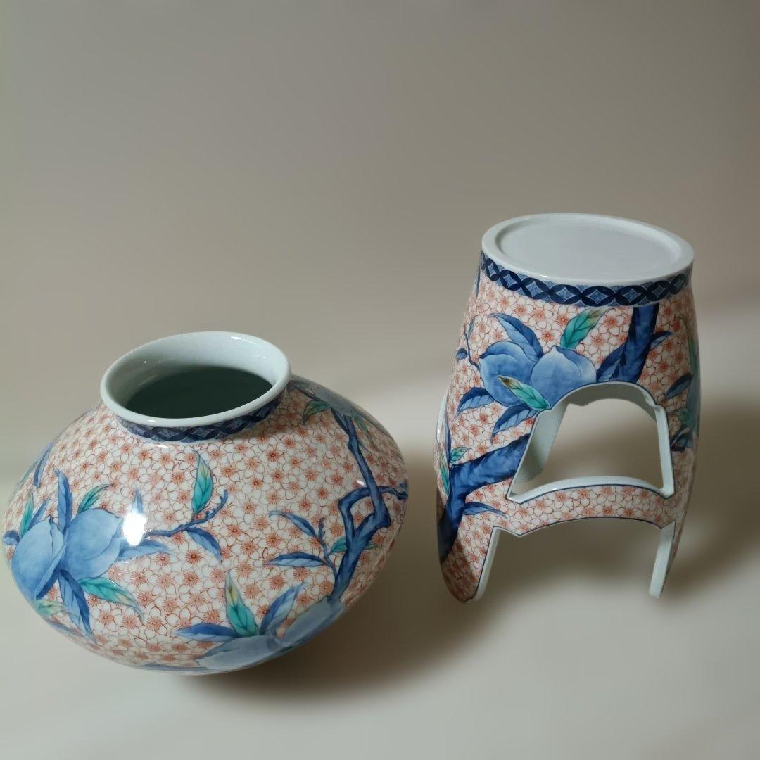 花柄陶器花瓶 ✿市川光春　鍋島御庭焼　桃文台付花瓶