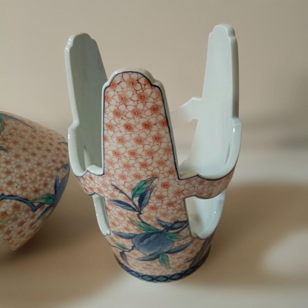 花柄陶器花瓶 ✿市川光春　鍋島御庭焼　桃文台付花瓶