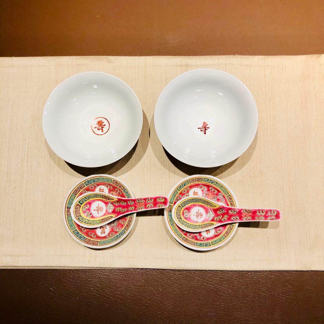 【希少蔵品】景德鎮手描き食器　萬壽無疆柄　お碗＆ソーサー＆レンゲ　6点セット