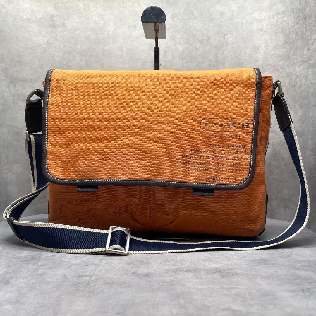 バッグ COACH Orange Canvas Leather Messenger
