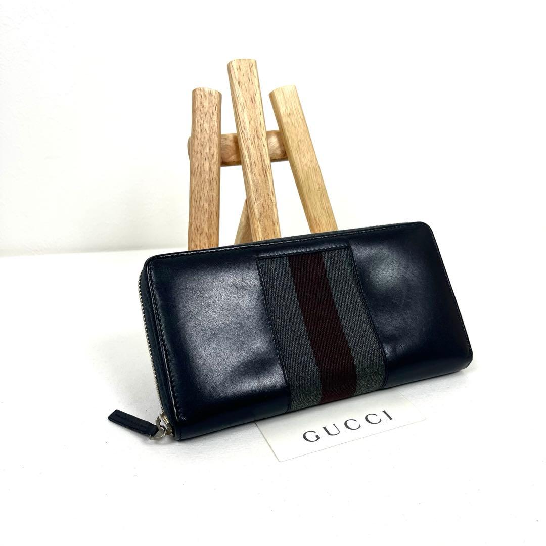 グッチ　長財布　シェリーライン　ラウンドファスナー　本革　ロゴGG 極美品