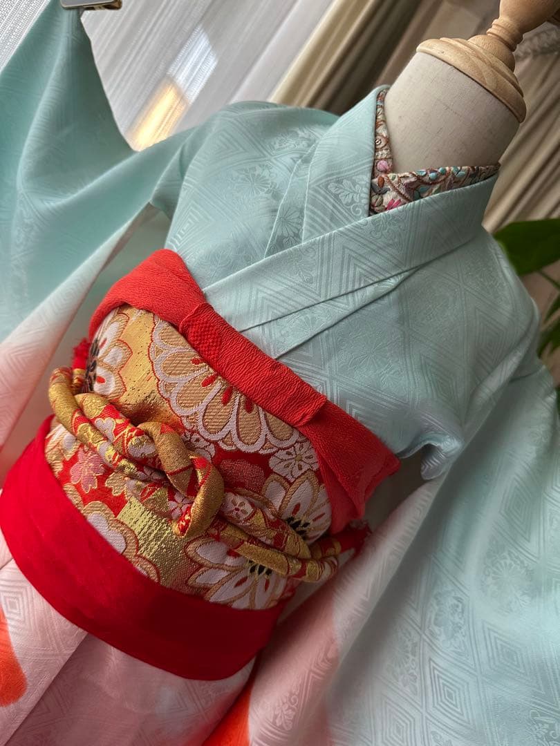 3歳女の子 七五三フルセット 空色ブルー×レッドオレンジ ぼかし染めに手刺繍