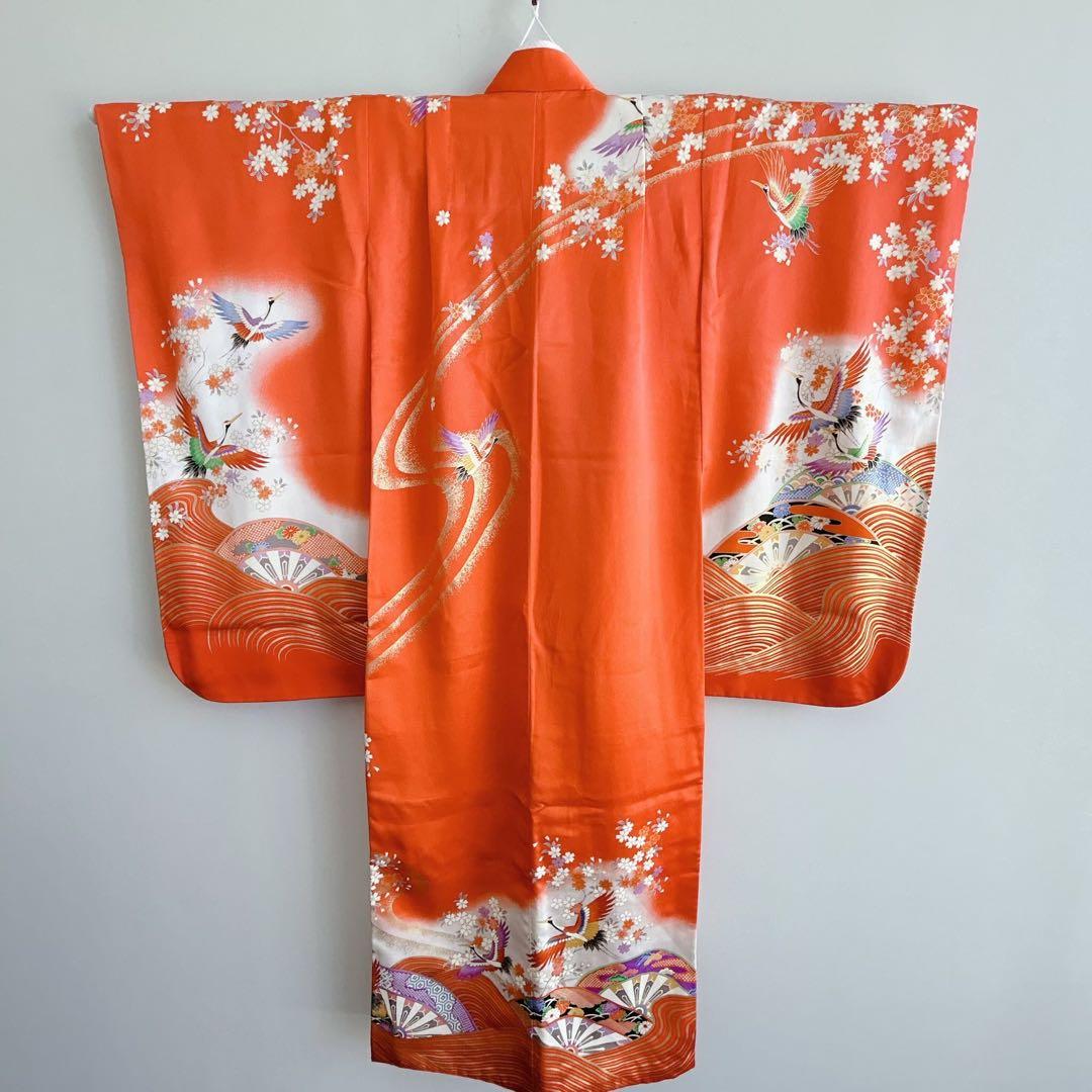 フルセット　七五三　７歳女の子　着物＆帯＆簡単半衿＆小物セット　オレンジ　鶴