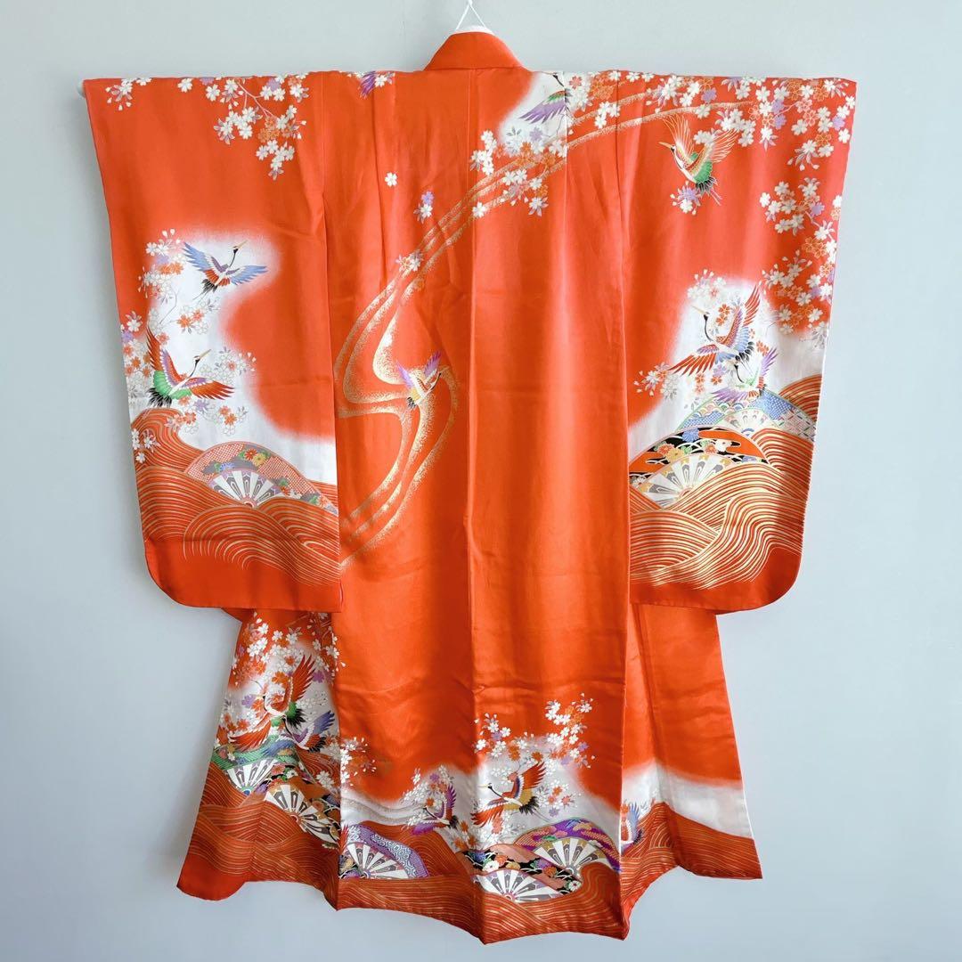 フルセット　七五三　７歳女の子　着物＆帯＆簡単半衿＆小物セット　オレンジ　鶴