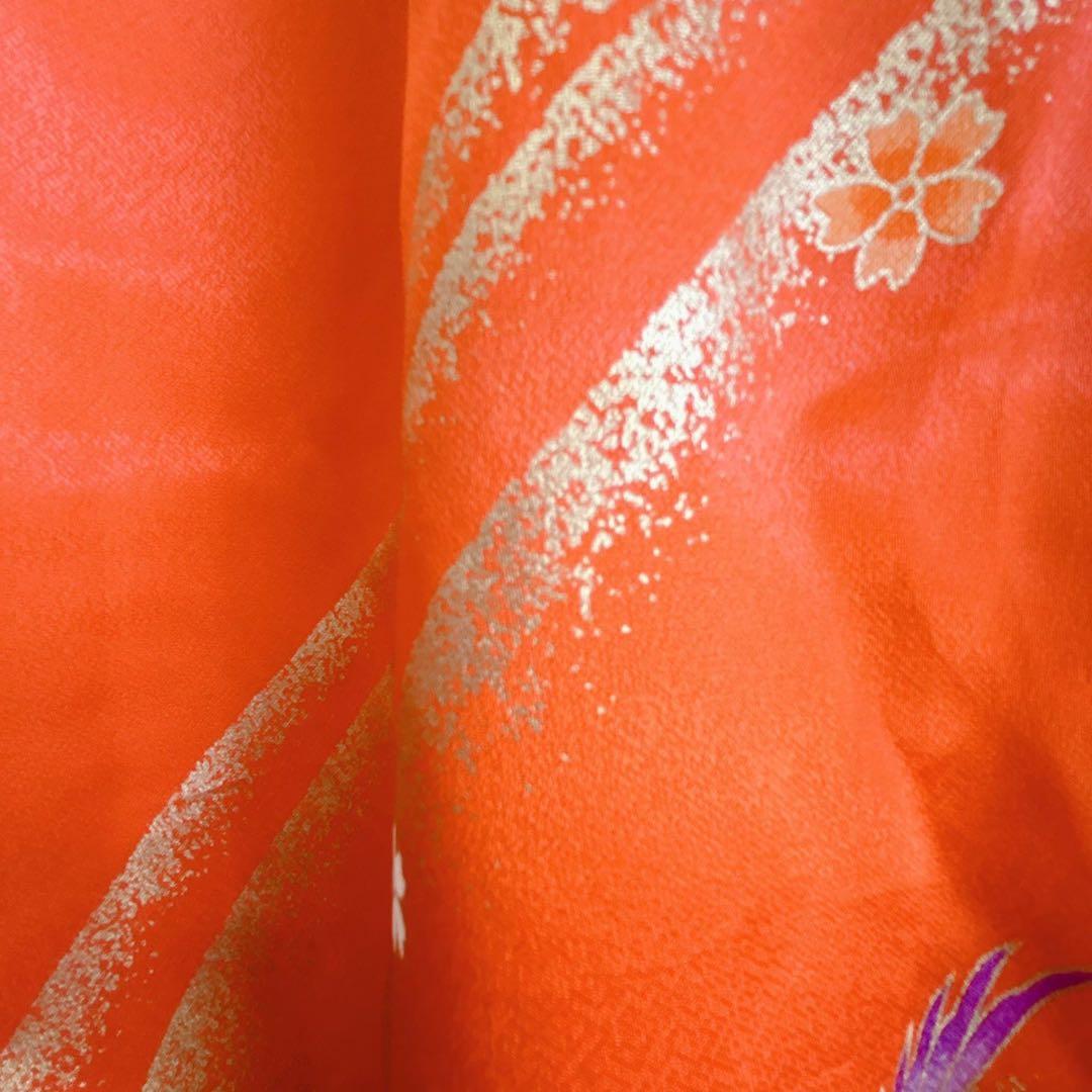 フルセット　七五三　７歳女の子　着物＆帯＆簡単半衿＆小物セット　オレンジ　鶴