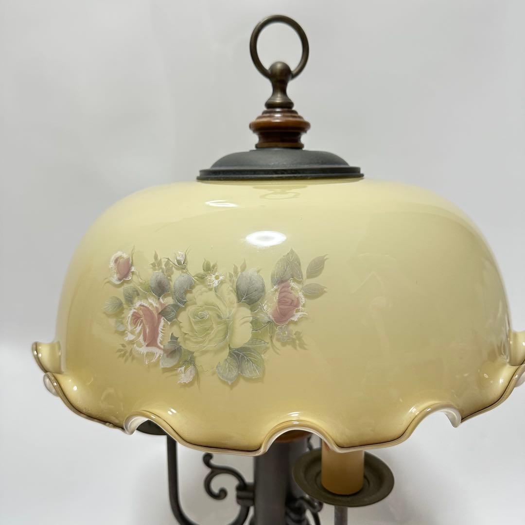イタリア製　花柄　イエローグラスランプ3灯　ローズ　アンティーク　輸入品