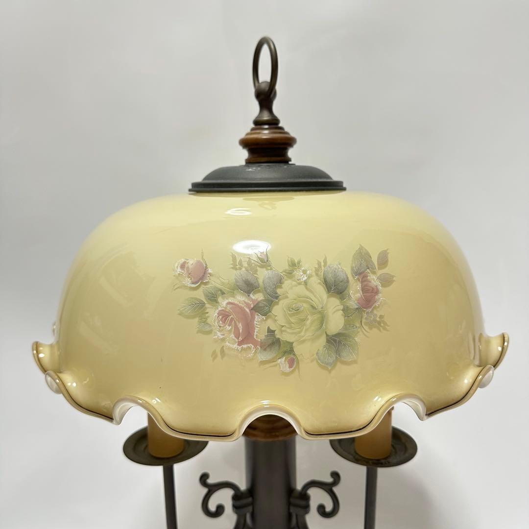 イタリア製　花柄　イエローグラスランプ3灯　ローズ　アンティーク　輸入品