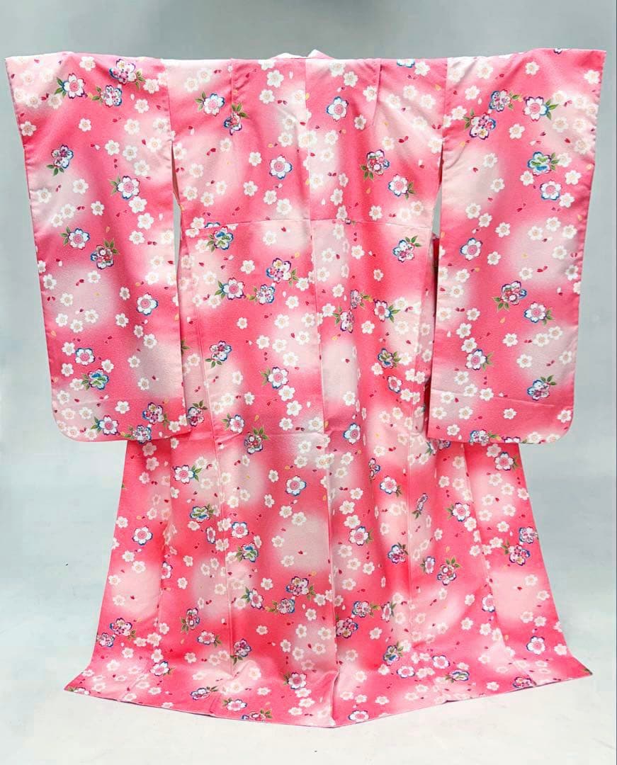 13歳祝いピンク花柄着物と金色の帯セット