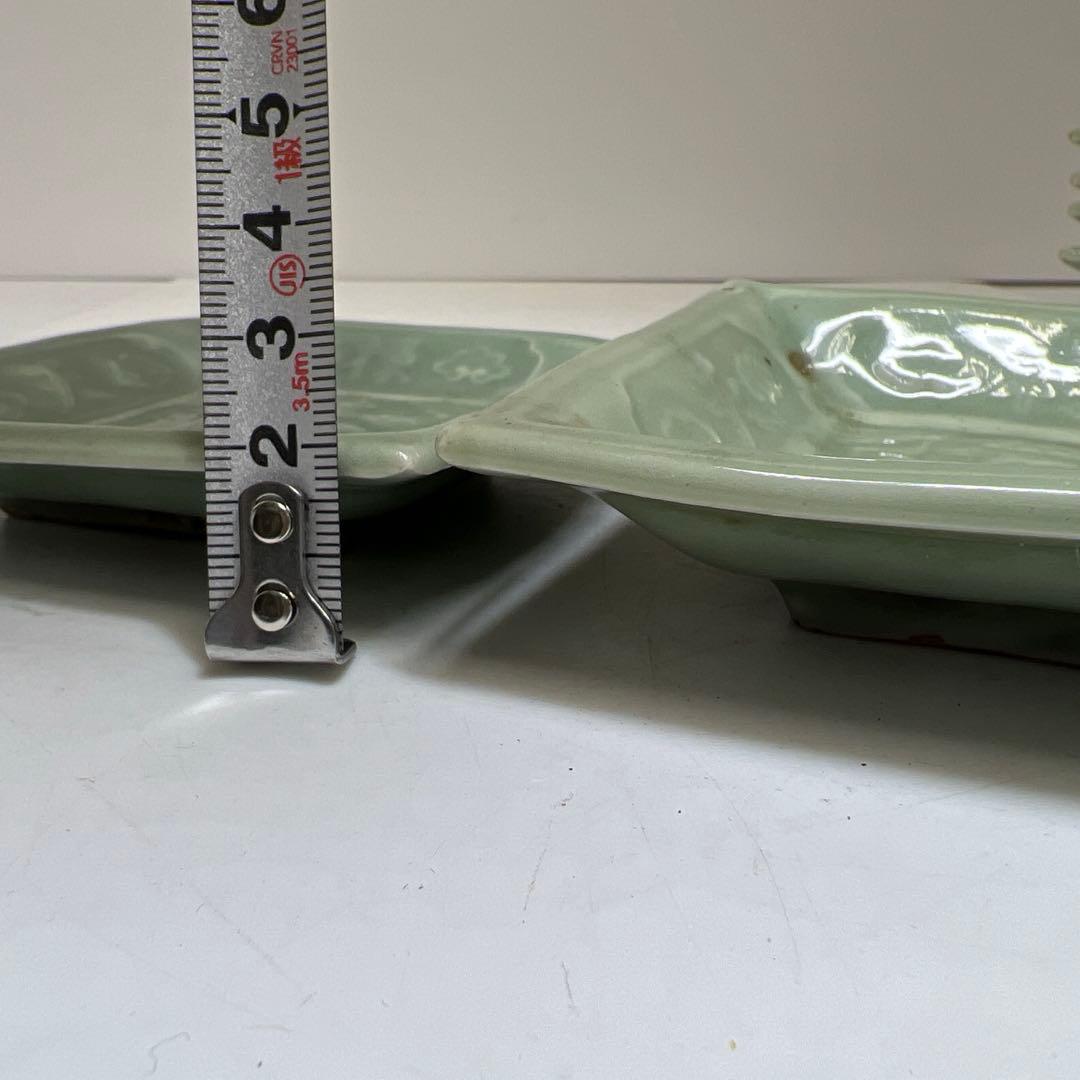 江戸後期　三田青磁鹿文角皿12枚　木箱付　東Y8-0122☆2Fトヒル