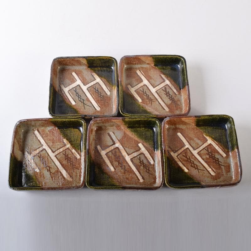 和食器　瀬戸織部　鳴海織部　加藤作助作　角向付　五客　共箱　V　R8733B