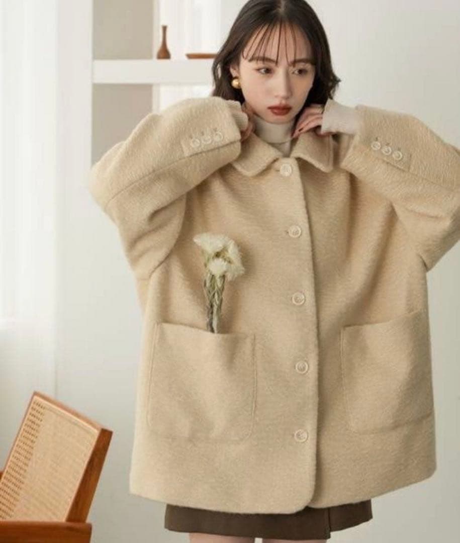 hinari ステンカラーシャギーミドルコート