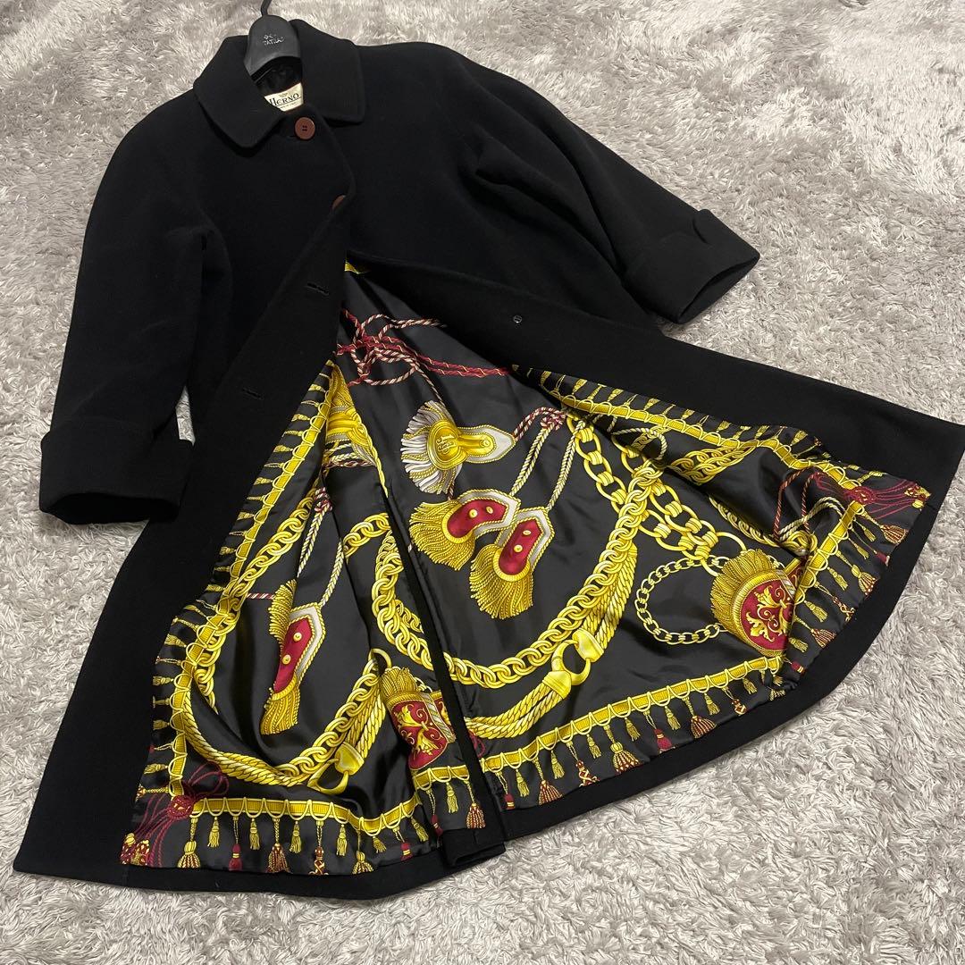 極美品　ヘルノカシミヤ混ステンカラーコート　裏地総柄シルク100 スカーフ柄