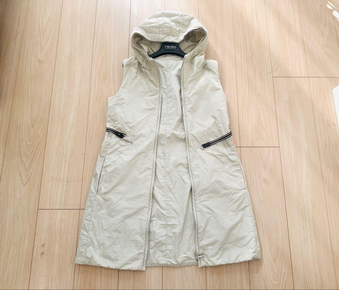 エスマックスマーラ‘SMaxMara☆フード付軽量ダウンロングベスト38ジレ薄手