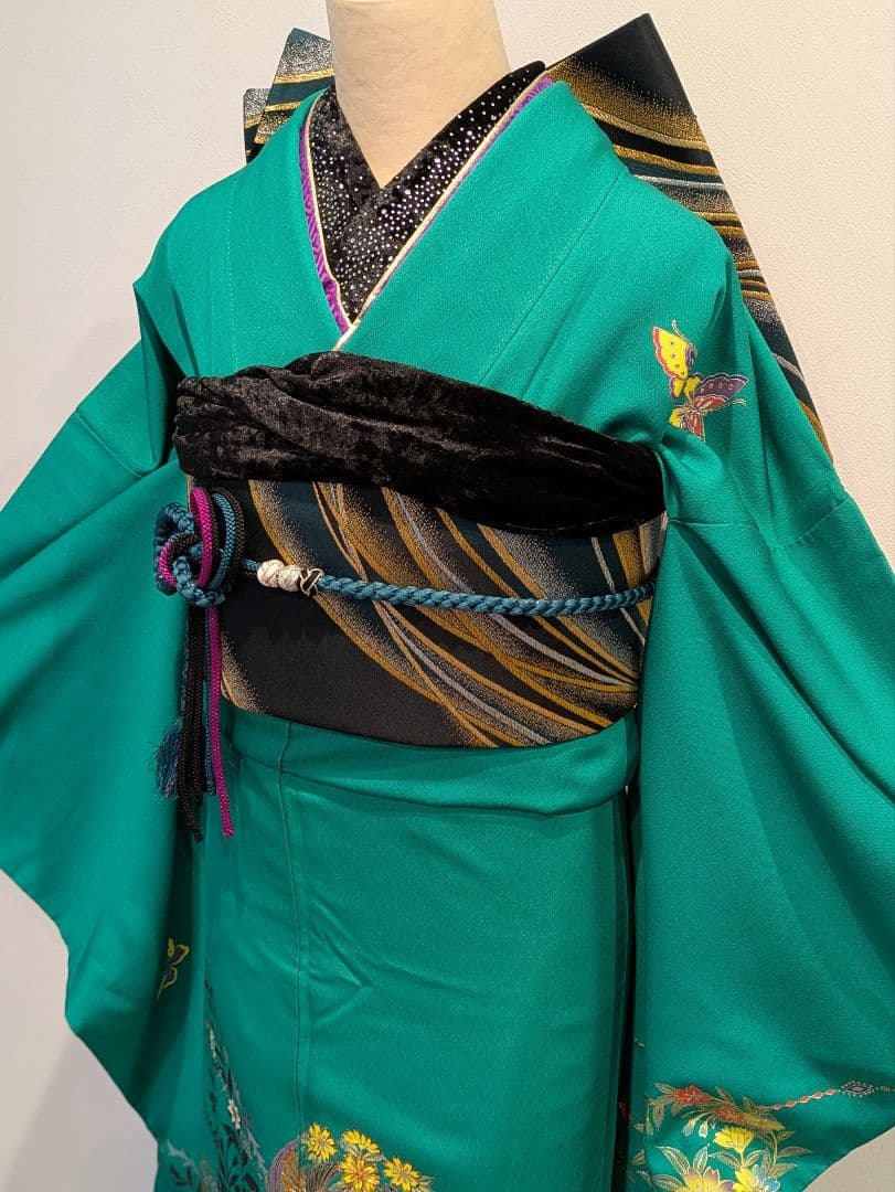 振袖フルセット 身丈164裄70 豪華振袖 金銀彩 緑 黒 更紗 逸品 成人式