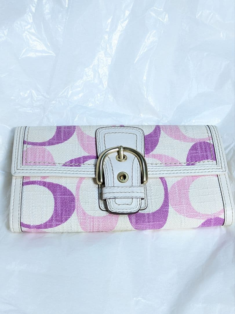 COACH コーチ　三つ折り財布 ピンクと紫のパターンシグネチャー未使用品