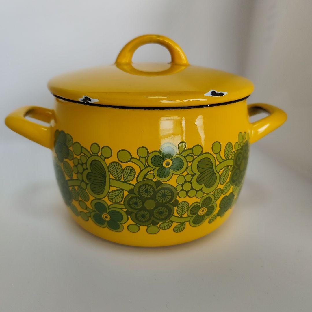 フィネル　ホーロー　ポット　アンティーク 花柄 鍋　Finel 北欧　黄色