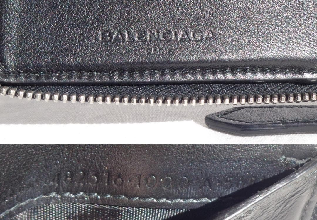 美品 BALENCIAGA パンチングロゴレザーラウンドジップ二つ折り財布 黒