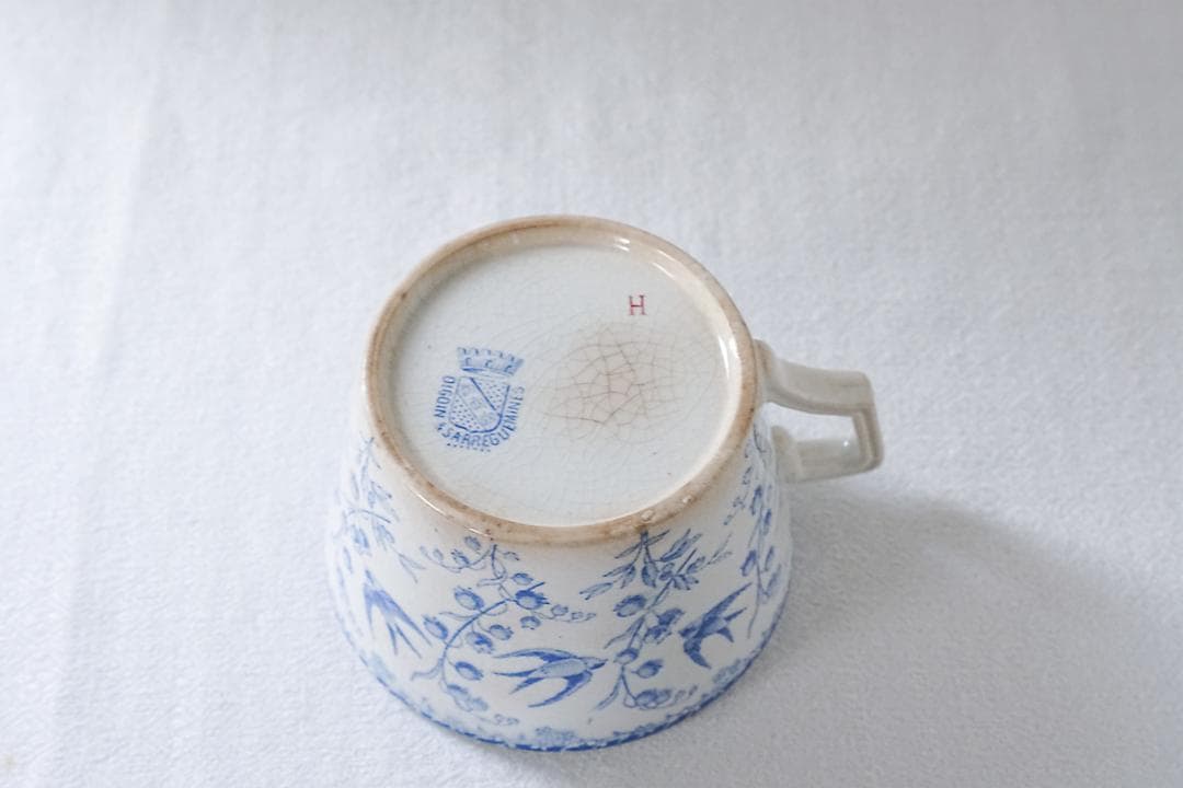 フランスアンティーク　サルグミンヌ　ツバメ　スズラン　カップ　水色