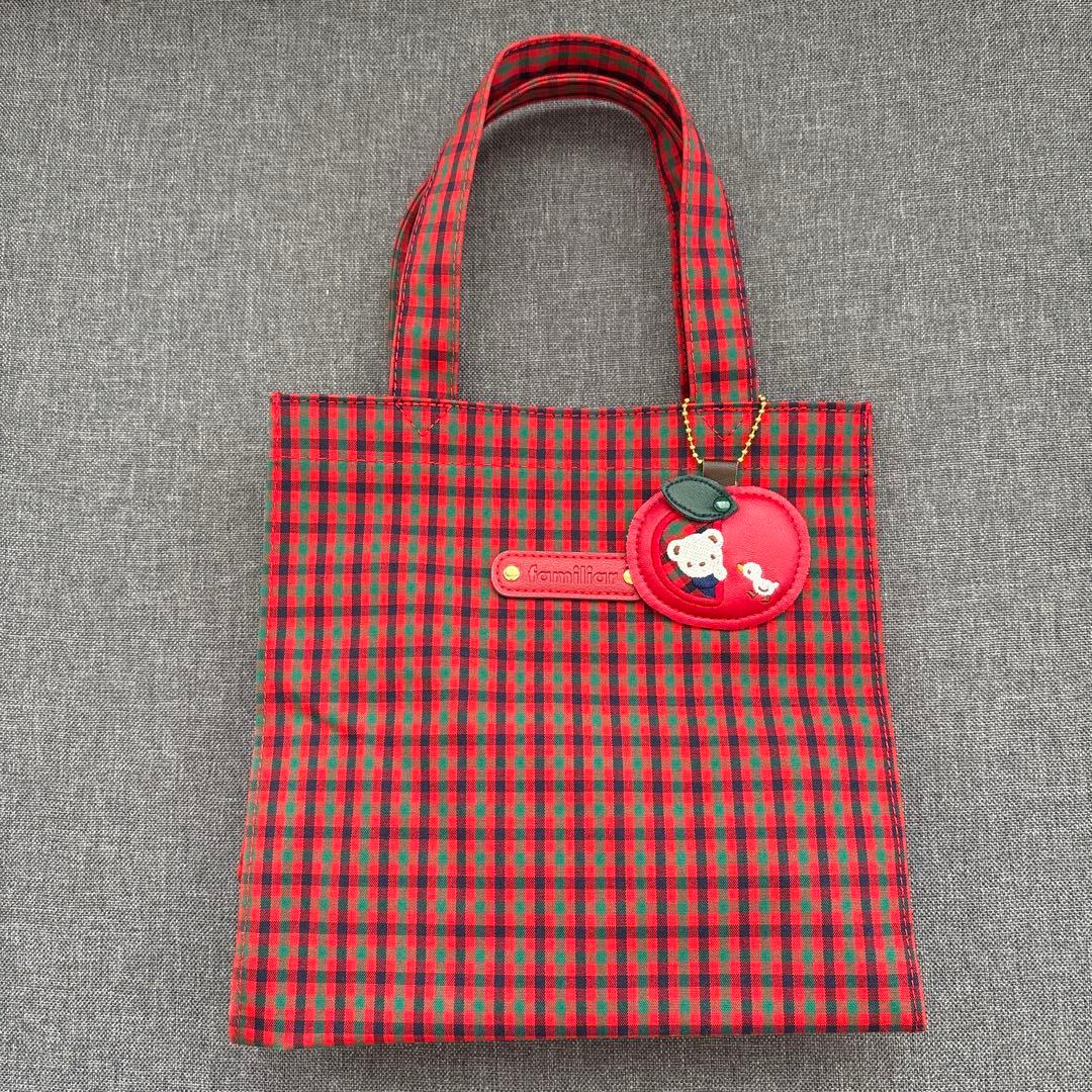 ファミリア　赤チェック　トートバッグ