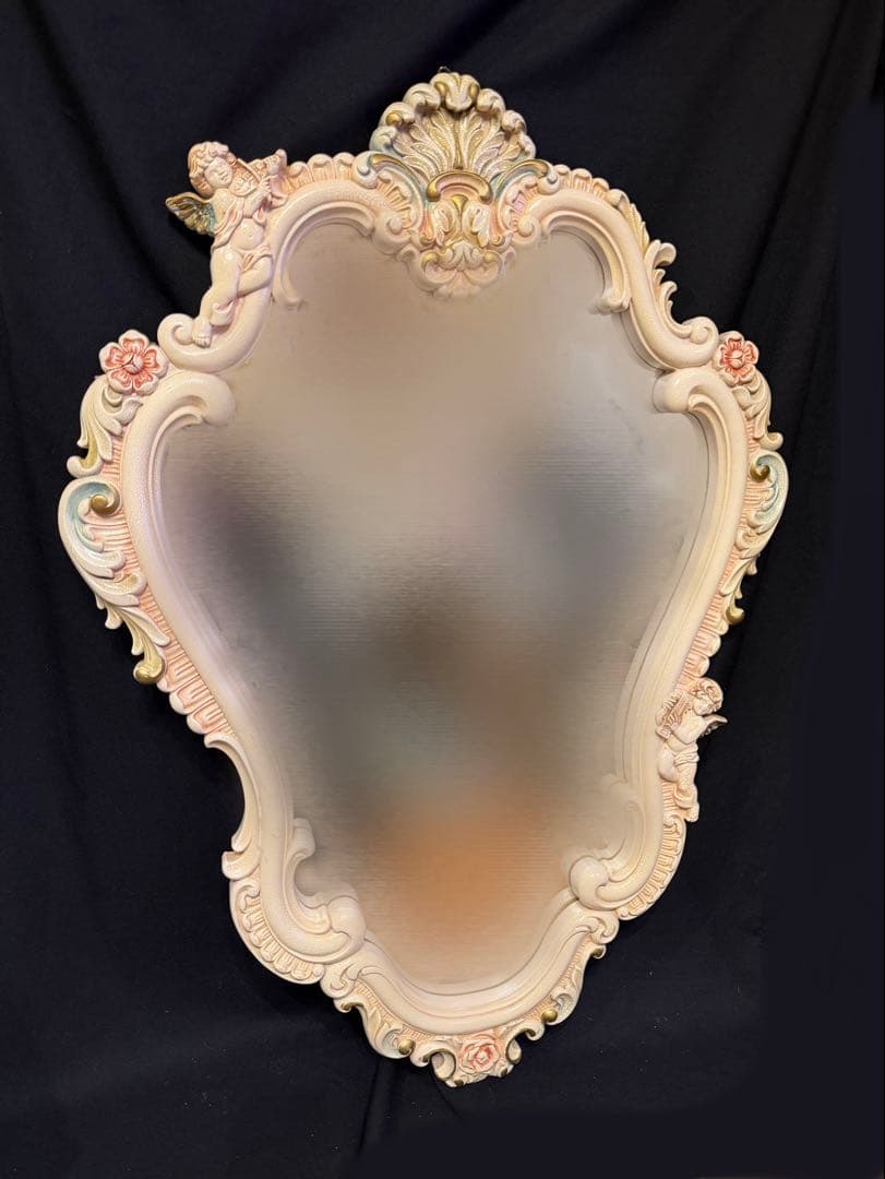 大型 96cm エンジェル(天使) フラワーデザイン ロココ様式 ウォールミラー