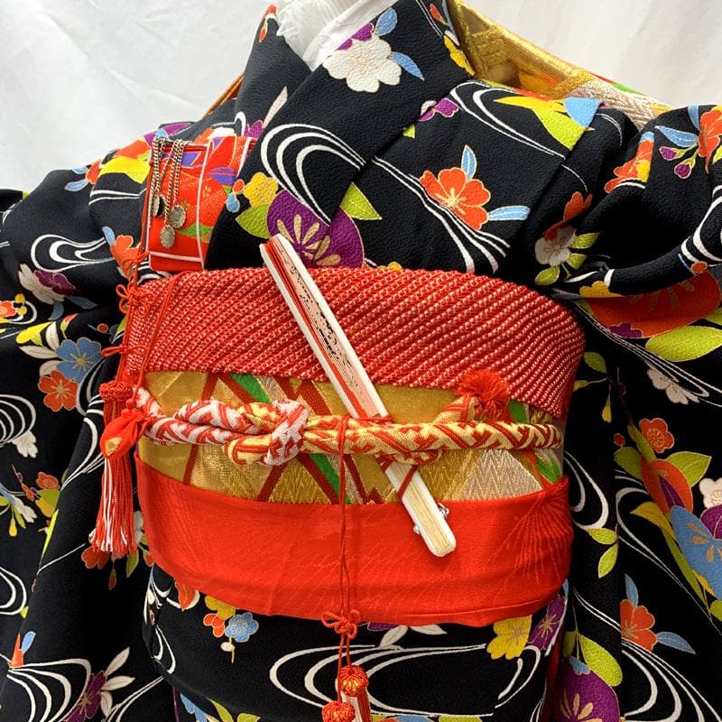 508ag24□七五三 七歳 十三参り 女児 着物&袋帯 縮緬 流水に花□美品