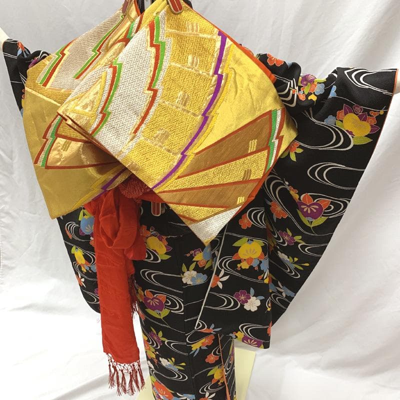 508ag24□七五三 七歳 十三参り 女児 着物&袋帯 縮緬 流水に花□美品