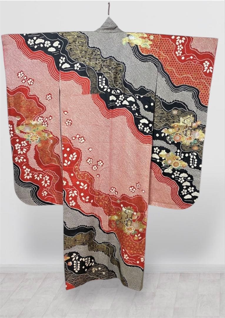 振袖フルセット 赤黒 手絞り 金彩