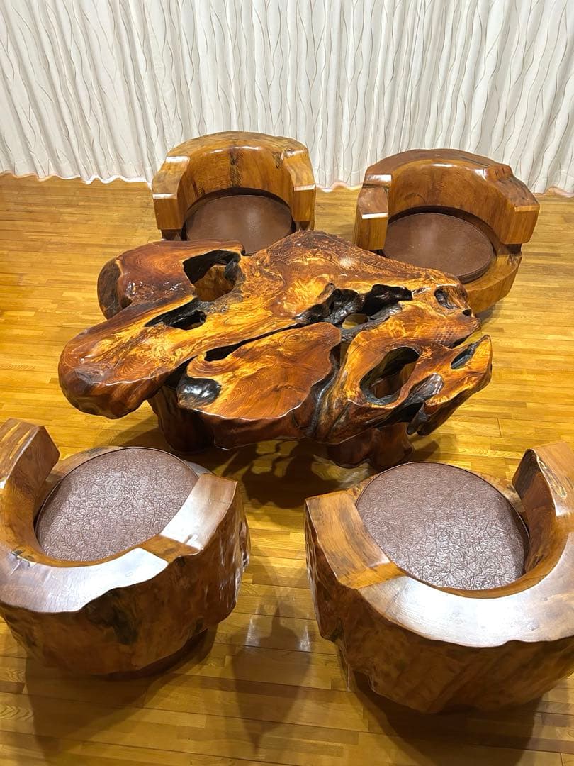 【希少】屋久杉 応接セット ローテーブル 椅子4脚 無垢 天然木 一枚板 配送可