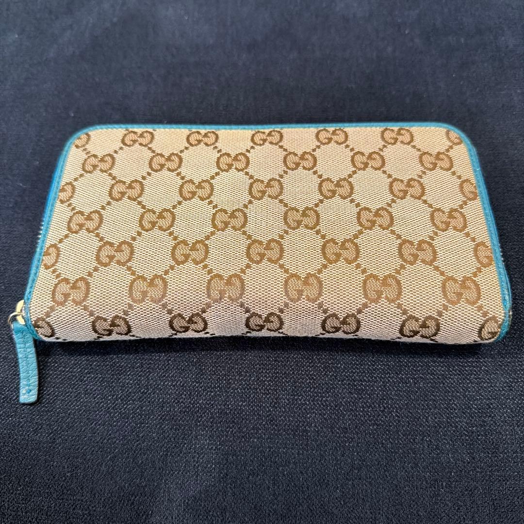 グッチ 長財布 GG キャンバス ターコイズブルー ラウンドファスナー