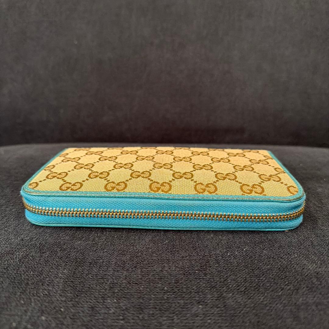 グッチ 長財布 GG キャンバス ターコイズブルー ラウンドファスナー