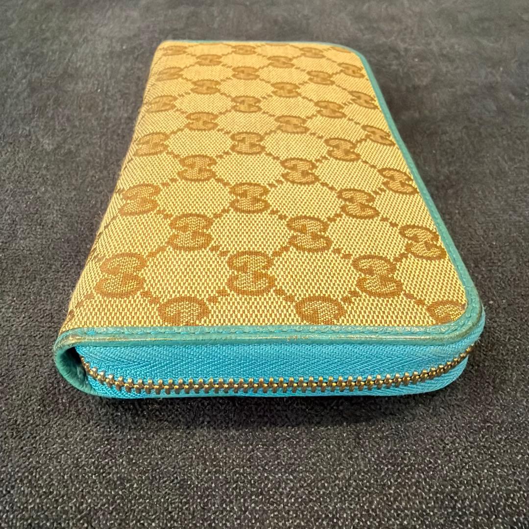グッチ 長財布 GG キャンバス ターコイズブルー ラウンドファスナー