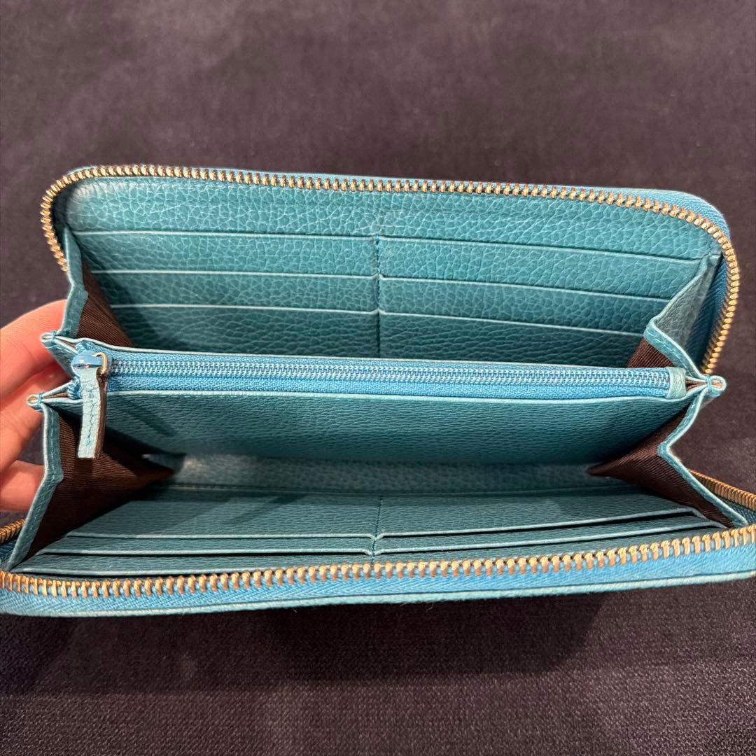 グッチ 長財布 GG キャンバス ターコイズブルー ラウンドファスナー