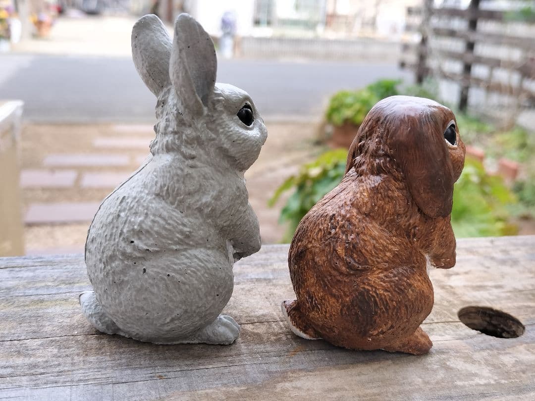訳ありウサギ2点セット＆スズメ3点　セメントオブジェハンドメイドガーデニング雑貨