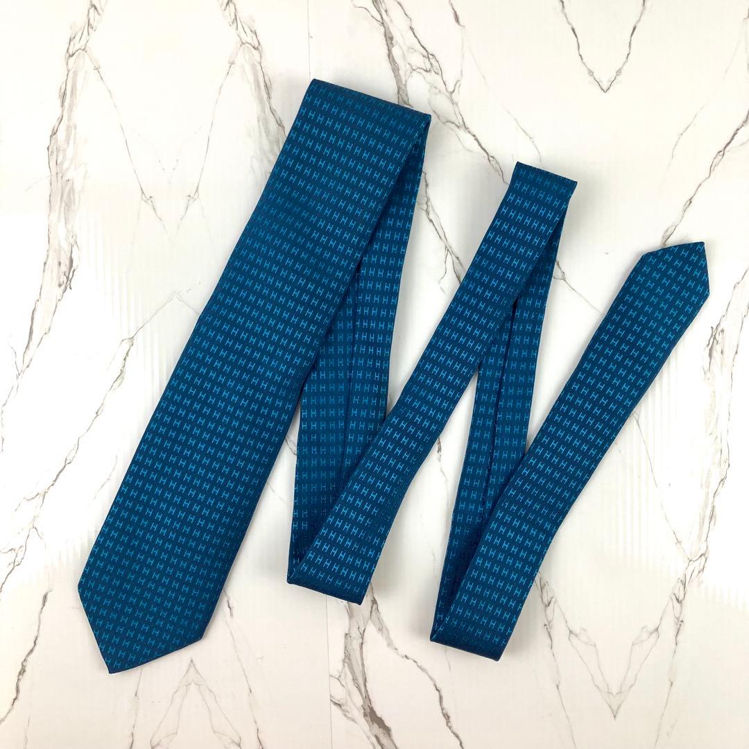 Momo　美品　エルメス　ネクタイ　ファソネ　H柄　H織　ジャガード　ブル